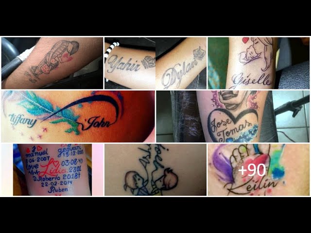 hombre tatuajes de nombres en el brazo